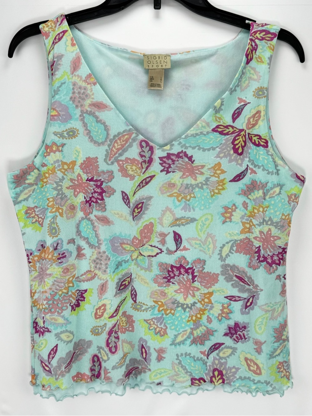 Sigrid Olsen Mint Floral V-Neck Sleeveless Tank with Lettuce Hem